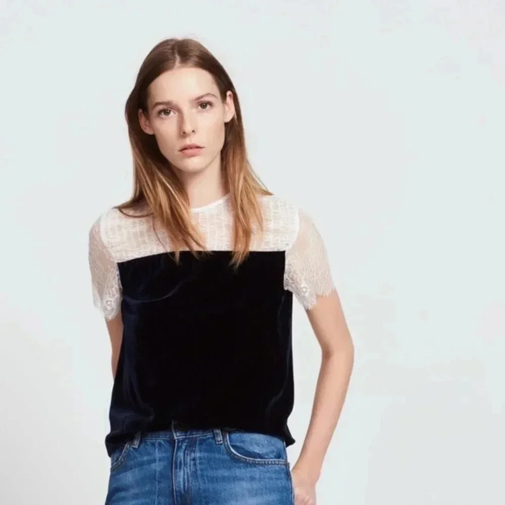 New Sandro Blue Velvet White Lace Short Sleeve Top M